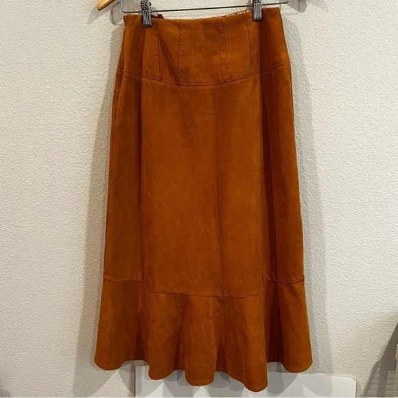 Anthropologie Maeve cosmina yellow vegan faux suede high low midi skirt size 00p - Picture 11 of 12
